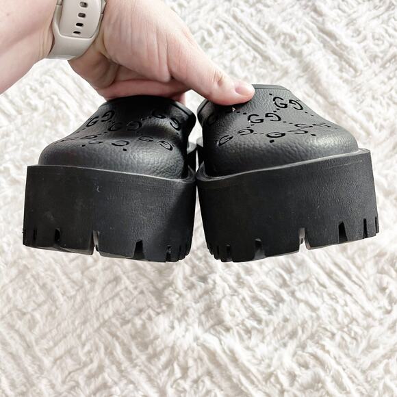 Gucci Perforated G Platform Mules in Black Rubber - Picture 7 of 13